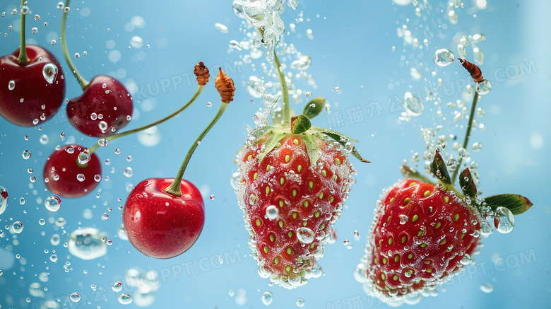 水里的红色草莓樱桃图片