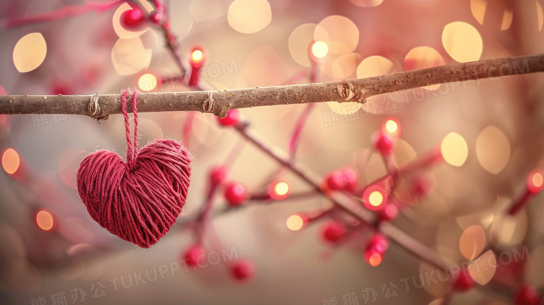 挂在树枝上的毛线红色爱心图片