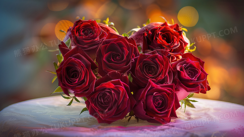 桌面上的红色玫瑰花束图片