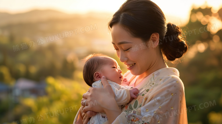 草地抱着婴儿的妈妈图片