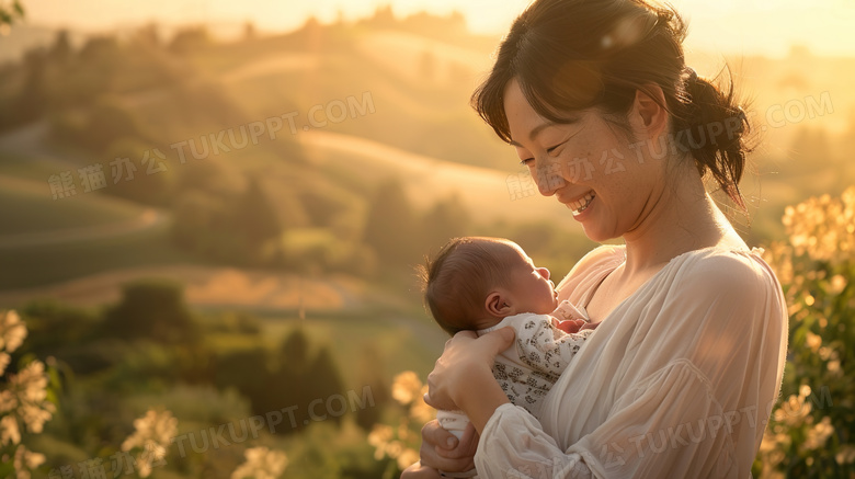 草地抱着婴儿的妈妈图片