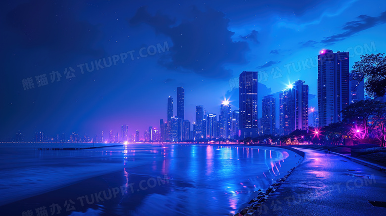蓝色城市建筑海边夜景图片