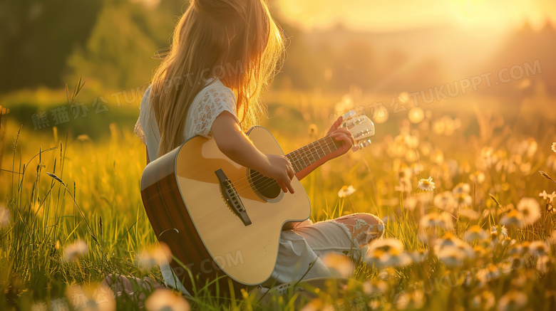 森林草地吉他女孩图片