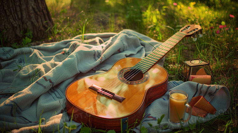 森林草地上的吉他图片