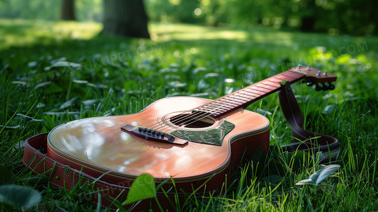 森林草地上的吉他图片
