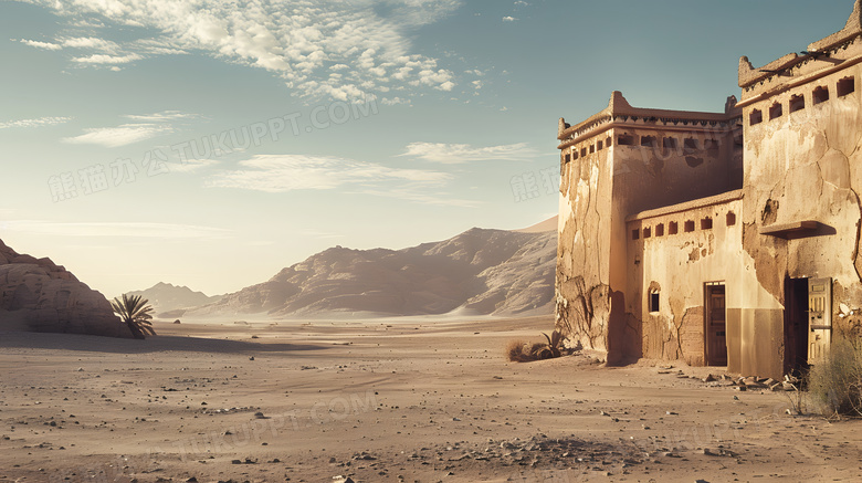 干枯的沙漠中荒废的建筑物高清图片