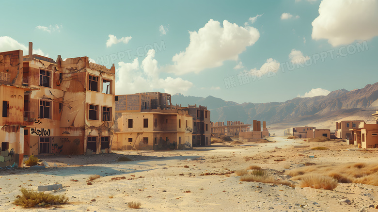 干枯的沙漠中荒废的建筑物高清图片