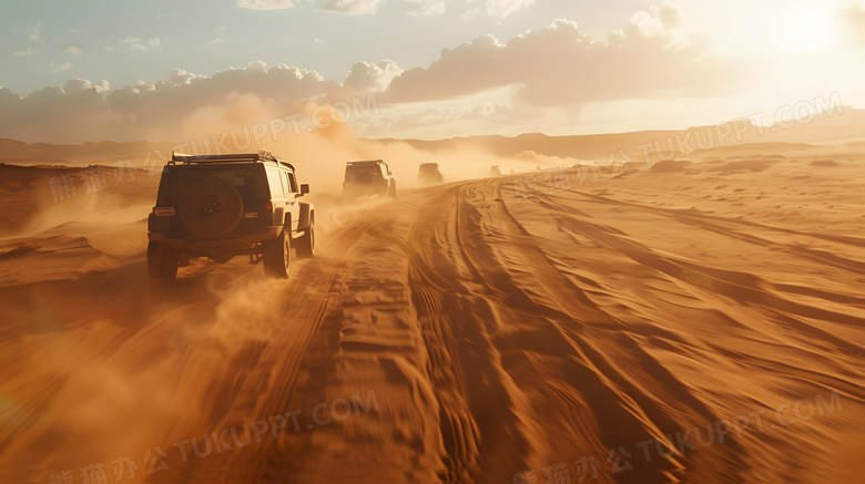 沙漠中驰骋的越野汽车高清图片