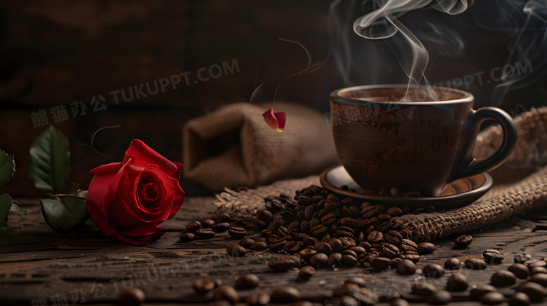 咖啡杯咖啡豆和玫瑰花高清图片