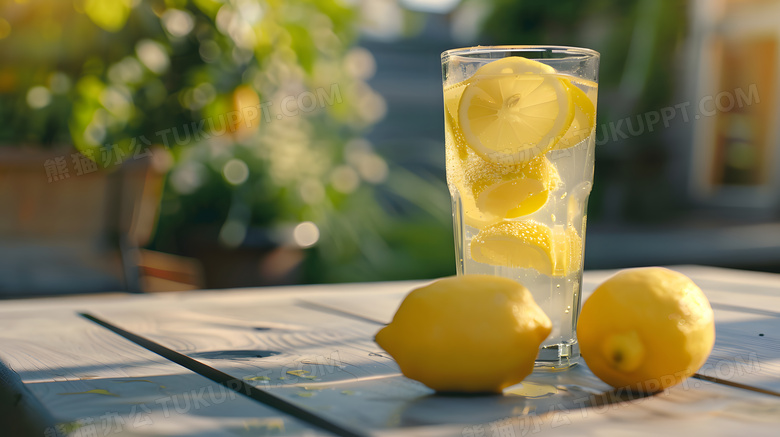 夏天桌上玻璃杯柠檬水冰块夏日清新高清图片