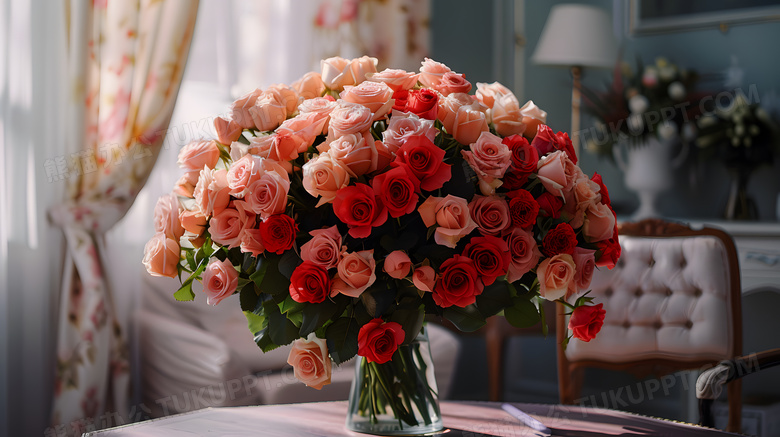 桌上花瓶中的一大束玫瑰花高清图片