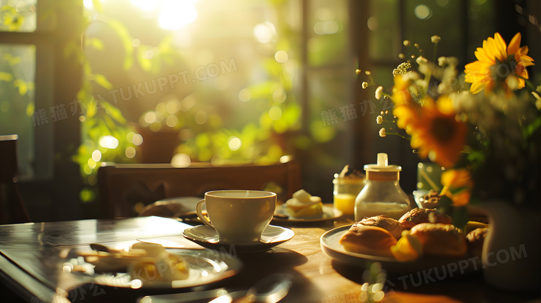 阳光的早晨桌子上面的早餐唯美清新高清图片