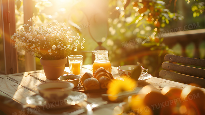 阳光的早晨桌子上面的早餐唯美清新高清图片