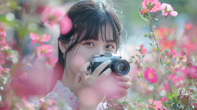 拿着相机的小女孩在花丛中拍照图片