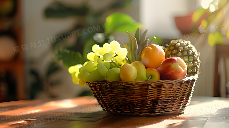 摆放在桌子上的水果篮唯美清新高清图片