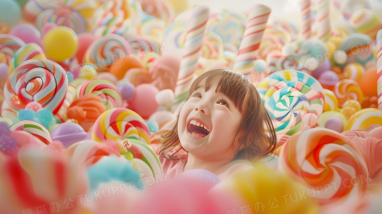六一儿童节小孩子彩虹糖中玩耍高清图片