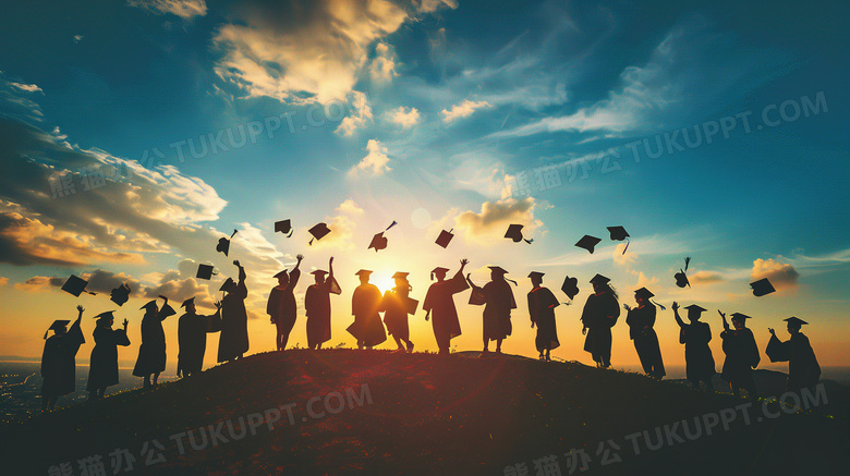 天空下穿学士服拍毕业合照的学生插画