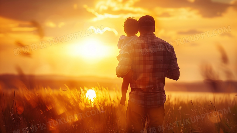 夕阳落日父亲抱着儿子图片