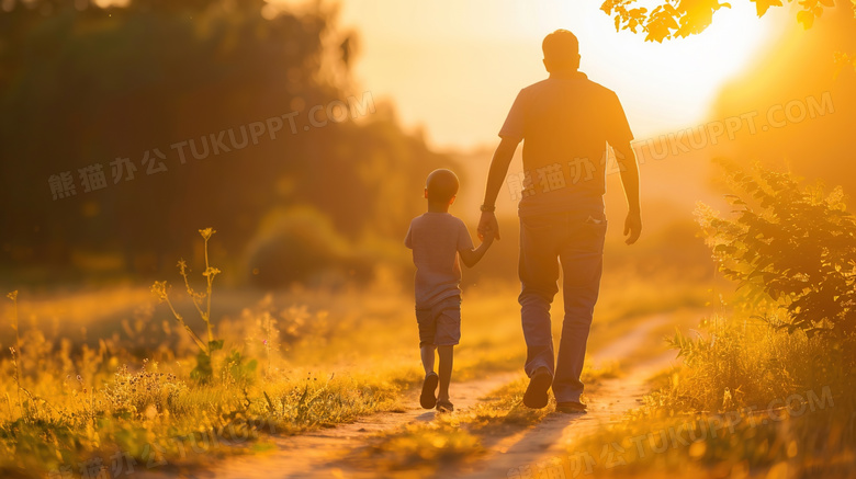 夕阳落日下的父亲和儿子牵手图片