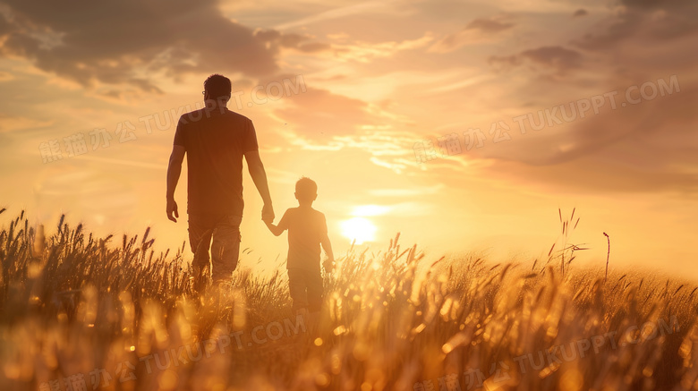 夕阳落日下的父亲和儿子牵手图片