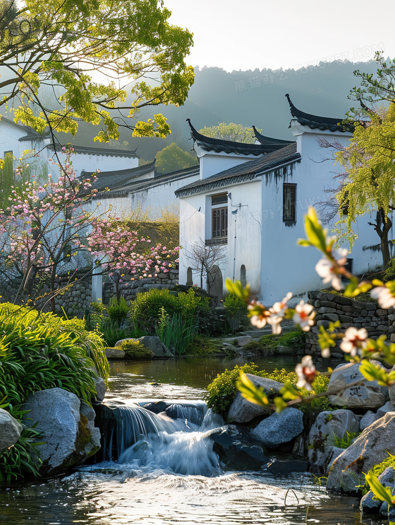 徽式建筑河流植物花卉图片