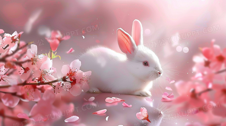 粉色桃花与可爱白兔图片