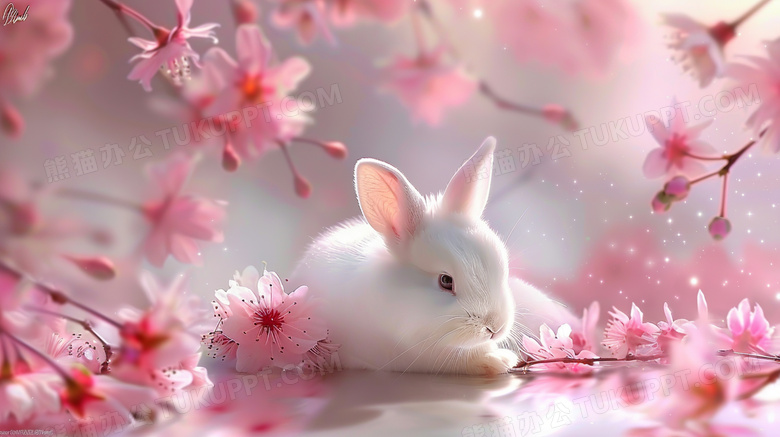 粉色桃花与可爱白兔图片