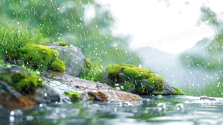 夏天雨滴落在长满苔藓的石头上图片