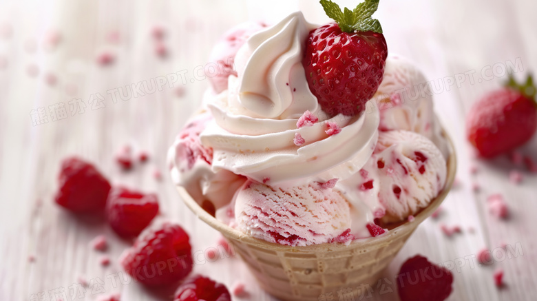 夏季桌面冷饮冰激凌草莓图片