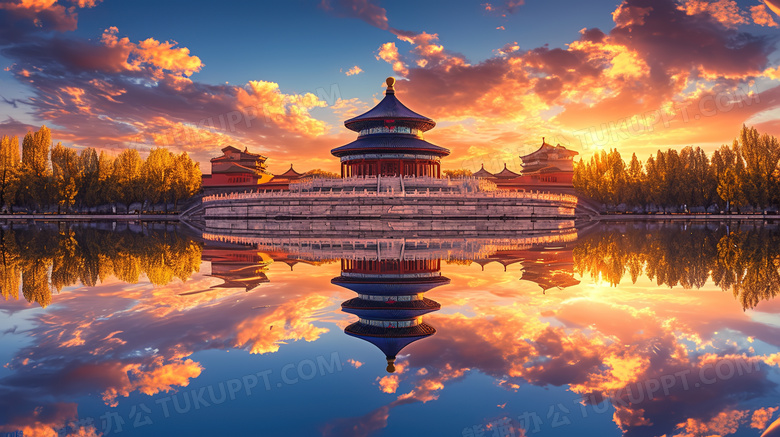 天空晚霞下的北京建筑天坛图片