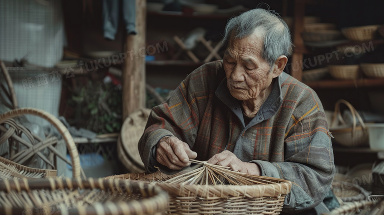中国老人编织竹制品图片