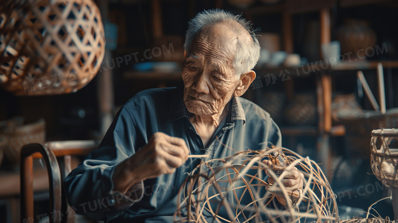 中国老人编织竹制品图片