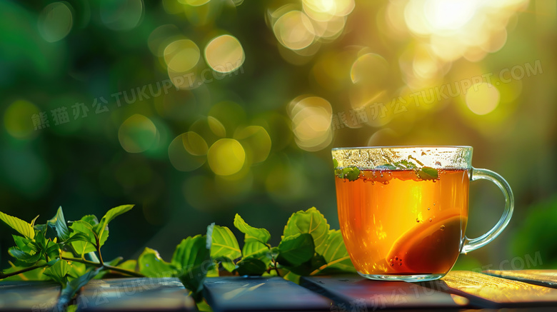 夏天午后阳光照射在茶杯上图片