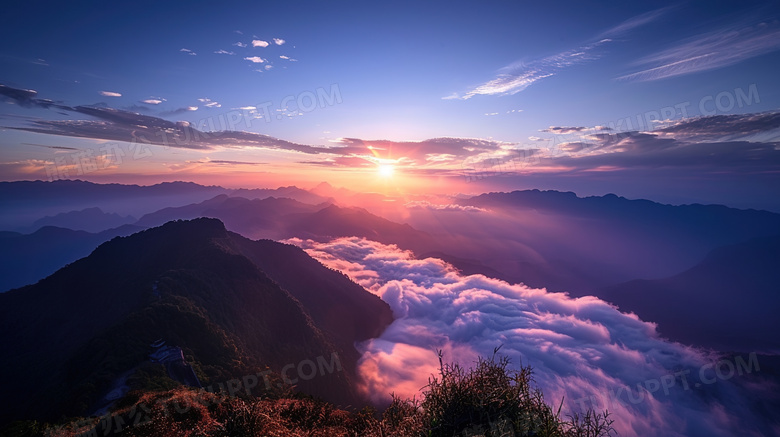 天空白云高山日出风景图片