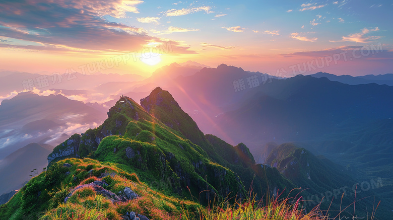 天空白云高山日出风景图片