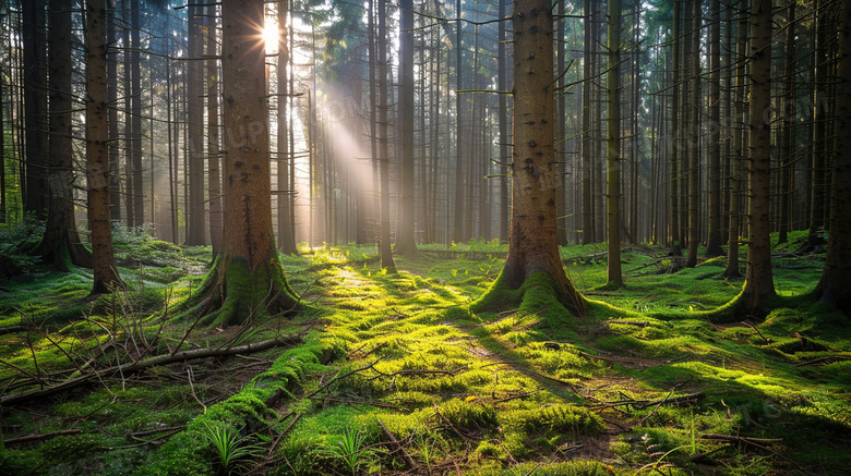 阳光穿过绿色的森林树木风景图