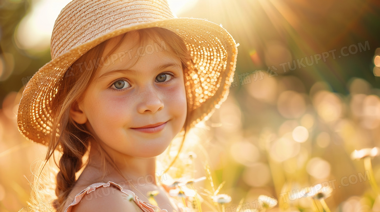 夏季草地草帽的欧美小女孩图片