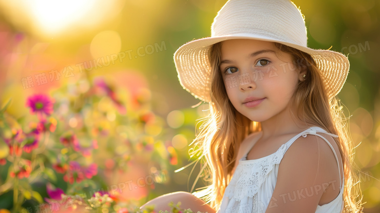 夏季草地草帽的欧美小女孩图片