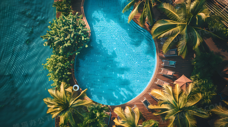 夏天旅游度假区俯拍海边泳池游玩高清图片