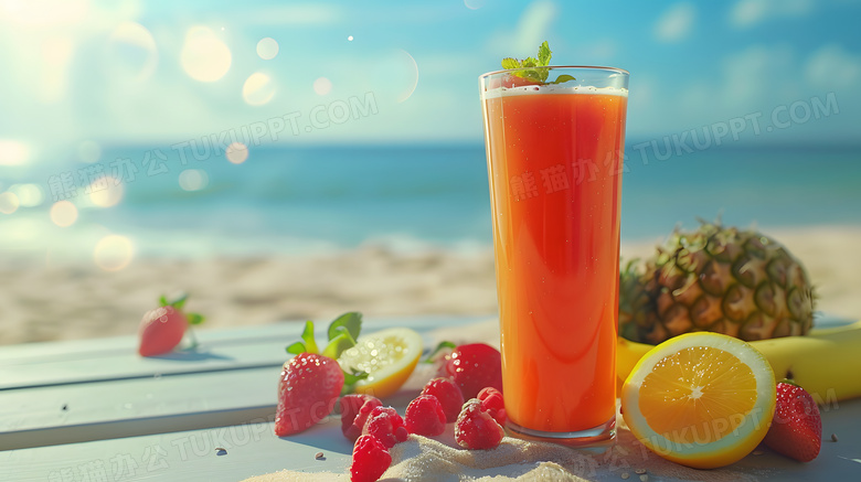 海滩沙滩上的水果做的果汁清新高清图片