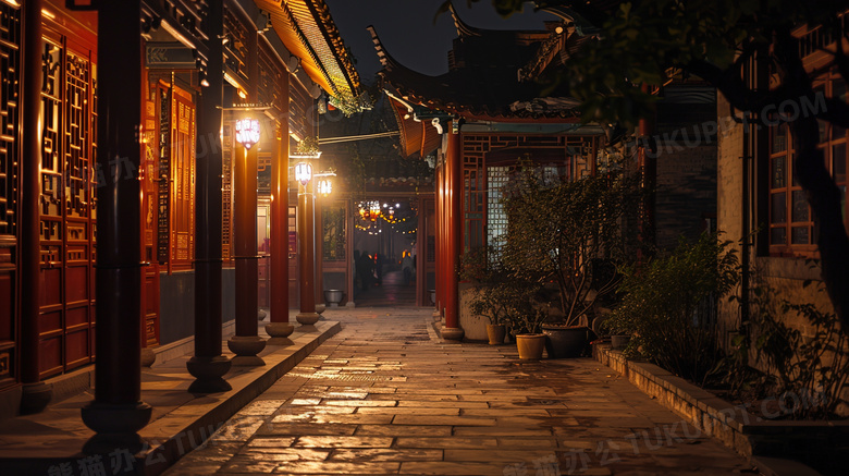 中式建筑走廊路灯图片