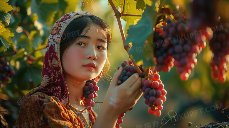 新疆少女采摘成熟的葡萄图片