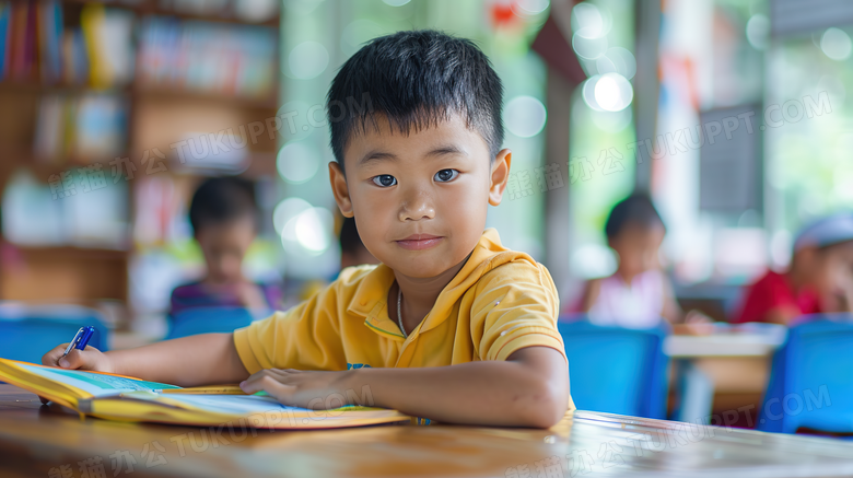 学校教室课堂上认真听课的小男孩图片