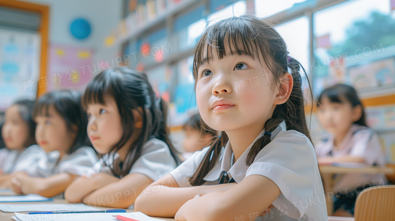 学校教室课堂上认真听课的小女孩图片