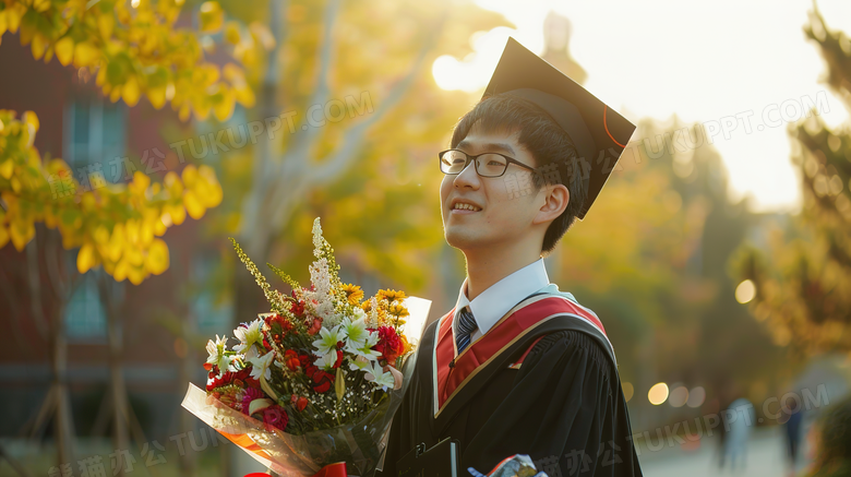 毕业季男大学生抱着鲜花开心的笑图片