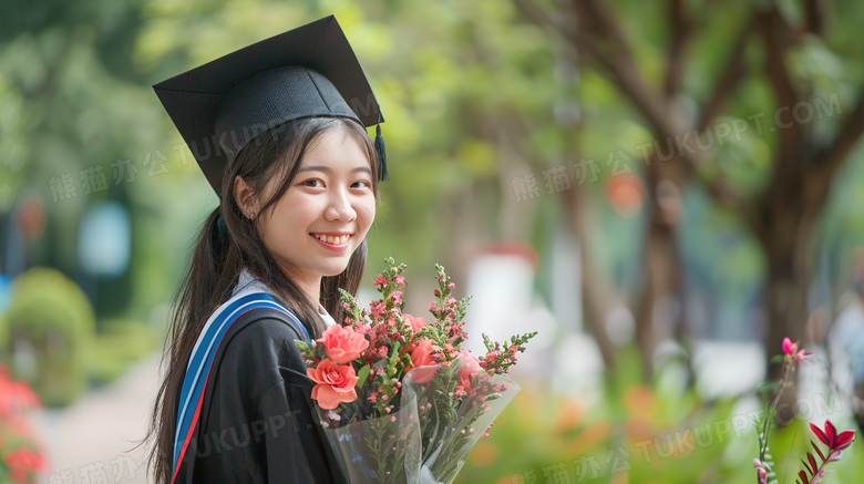 毕业季女大学生抱着鲜花开心的笑图片