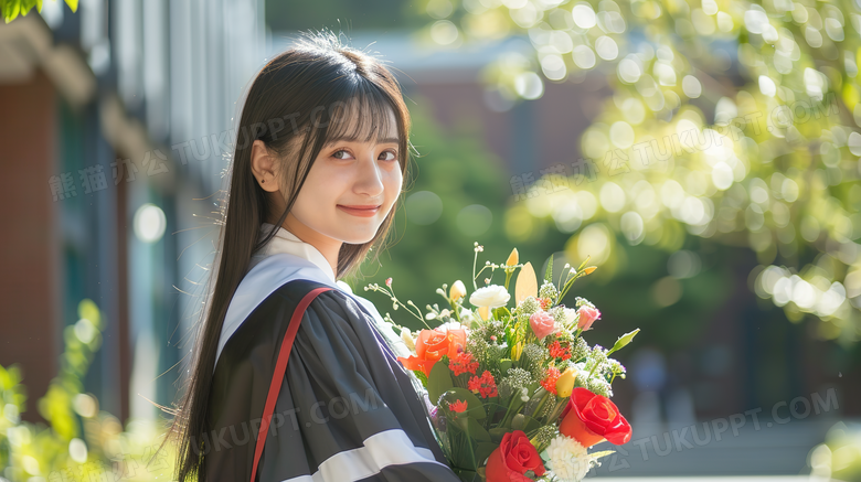 毕业季女大学生抱着鲜花开心的笑图片