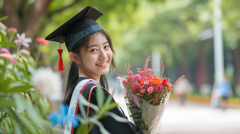 毕业季女大学生抱着鲜花开心的笑图片