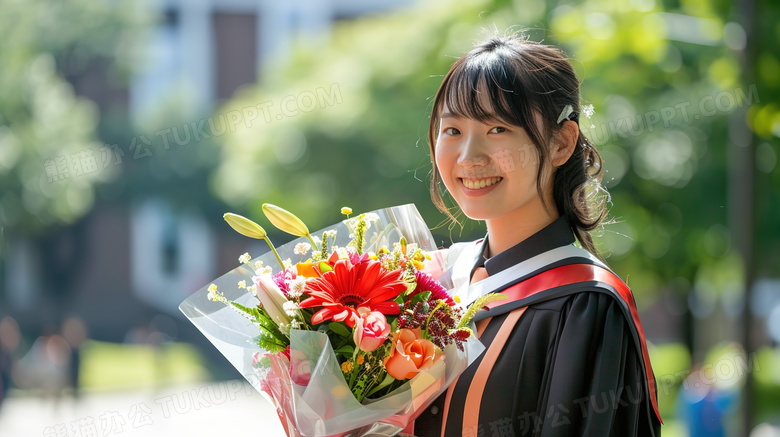 毕业季女大学生抱着鲜花开心的笑图片