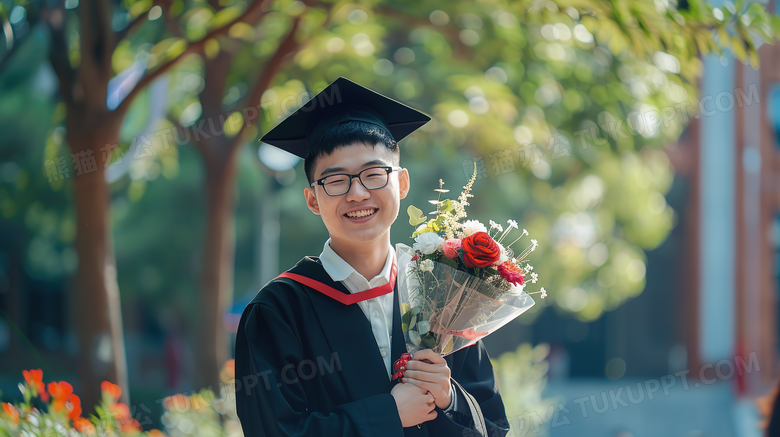 毕业季男大学生抱着鲜花开心的笑图片